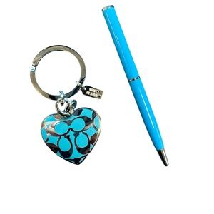 NWOT Coach Silver and Blue Locket Heart Key Ring with Blue Pen